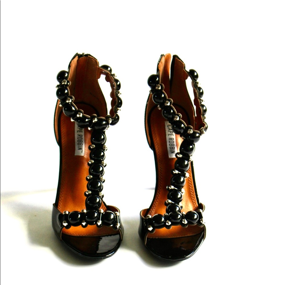 Open Toe High Shine T-Strap Beaded Heels - Picture 2 of 4